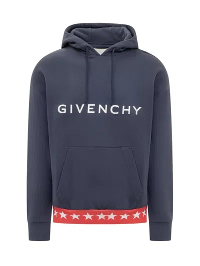 Shop Givenchy Logo Printed Drawstring Hoodie In Blue