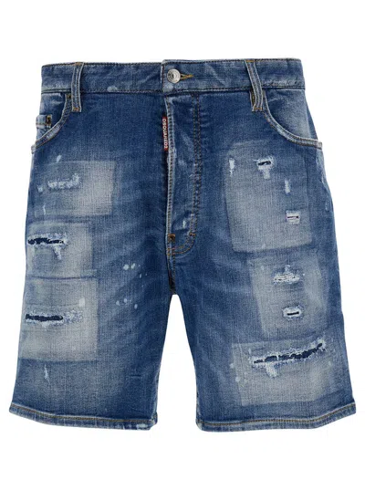 Dsquared2 Light Blue Bermuda Shorts With Rips And Logo Patch In Cotton Denim Man In Blu