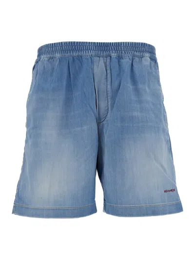 Shop Dsquared2 Light Blue Bermuda Shorts With Elastic Waistband And Logo Embroidery In Stretch Cotton Woman