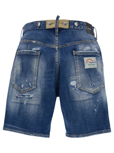 Dsquared2 Light Blue Bermuda Shorts With Rips And Logo Patch In Cotton Denim Man In Blu