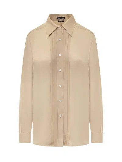 Shop Tom Ford Silk Shirt With Pleated Detail In Beige