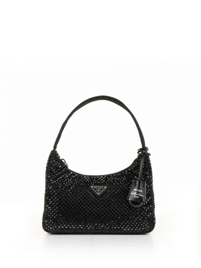Shop Prada Satin Shoulder Bag With Crystals And Logo In Nero