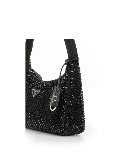 Shop Prada Satin Shoulder Bag With Crystals And Logo In Nero
