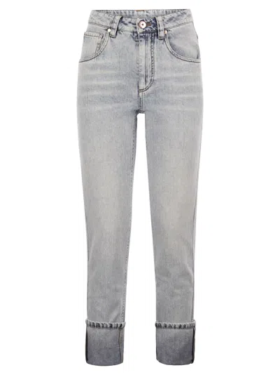 Shop Brunello Cucinelli Soft Denim Straight Trousers With Shiny Details In Light Denim