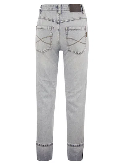 Shop Brunello Cucinelli Soft Denim Straight Trousers With Shiny Details In Light Denim