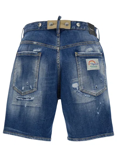 Shop Dsquared2 Light Blue Bermuda Shorts With Rips And Logo Patch In Cotton Denim Man