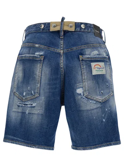 Dsquared2 Light Blue Bermuda Shorts With Rips And Logo Patch In Cotton Denim Man In Blu