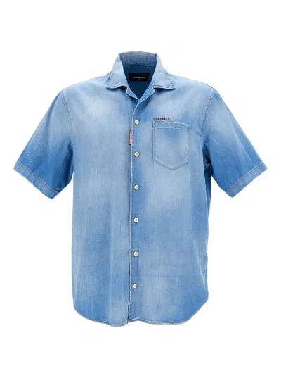 Shop Dsquared2 Light Blue Bowling Shirt With Logo Lettering Embroidery In Stretch Cotton Denim Man