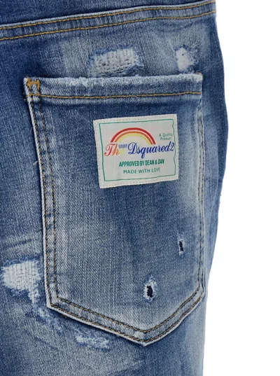 Dsquared2 Light Blue Bermuda Shorts With Rips And Logo Patch In Cotton Denim Man In Blu
