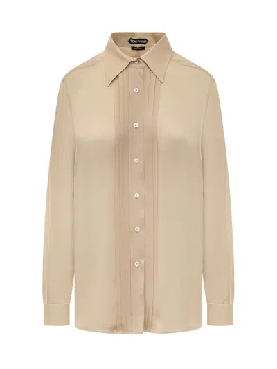 Shop Tom Ford Silk Shirt With Pleated Detail In Soft Beige