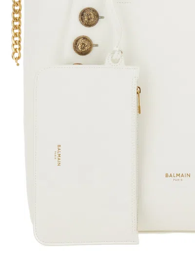 Shop Balmain Emblème White Tote Bag With  Coin Buttons And Logo Print In Smooth Leather Woman