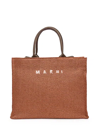 Shop Marni Large Bag With Rafia In Brick/olive