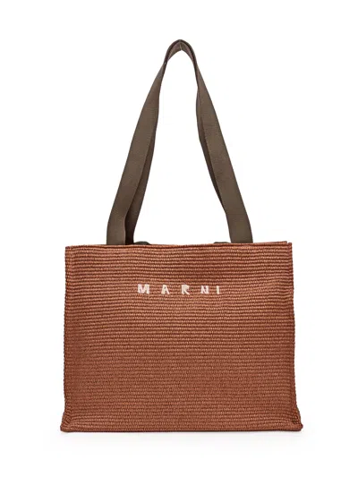 Shop Marni Large Bag With Rafia In Brick/olive