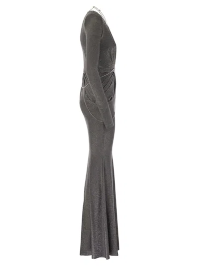 Shop Elisabetta Franchi Red Carpet Dress In Lurex Jersey With Body Chain In Piombo