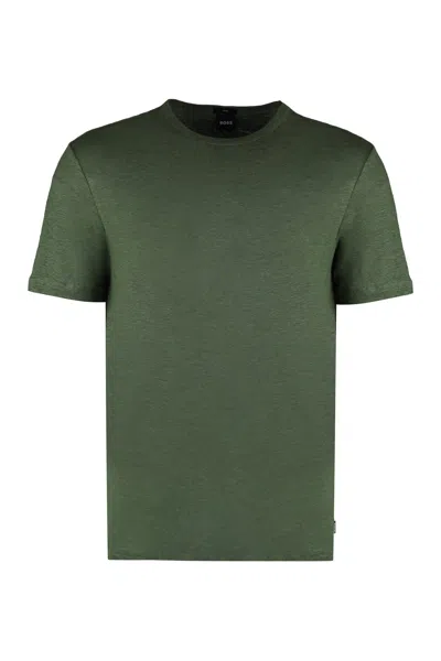 Shop Hugo Boss Linen Crew-neck T-shirt In Green