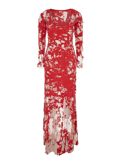 Shop Diesel D Lea Red Long Dress In Tulle And Jersey Woman