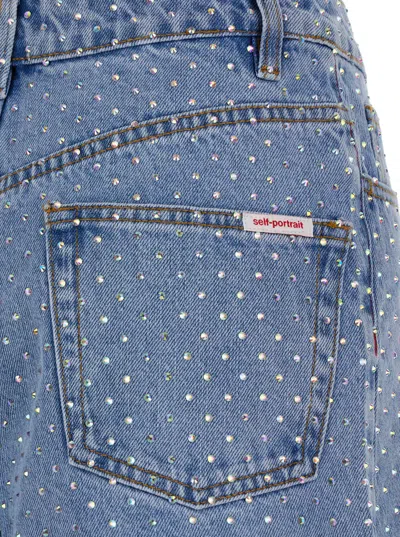 Shop Self-portrait Light Blue Bermuda Shorts With All-over Rhinestones In Cotton Denim Woman