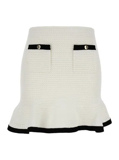 Shop Self-portrait Mini White Knit Skirt With Contrasting Trim In Fabric Woman