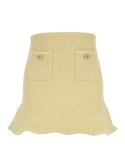 Shop Self-portrait Mini Yellow Skirt With Flounce And Jewel Buttons In Tweed Woman