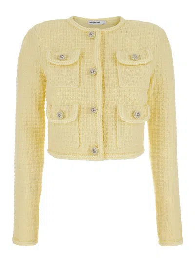 Shop Self-portrait Yellow Crop Cardigan With Jewel Buttons In Tweed Woman