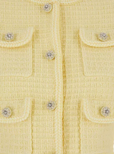 Shop Self-portrait Yellow Crop Cardigan With Jewel Buttons In Tweed Woman