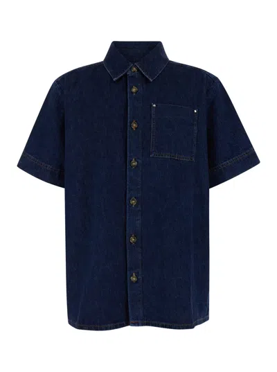 Shop Apc Blue Short Sleeve Shirt With Patch Pocket In Cotton Denim Man