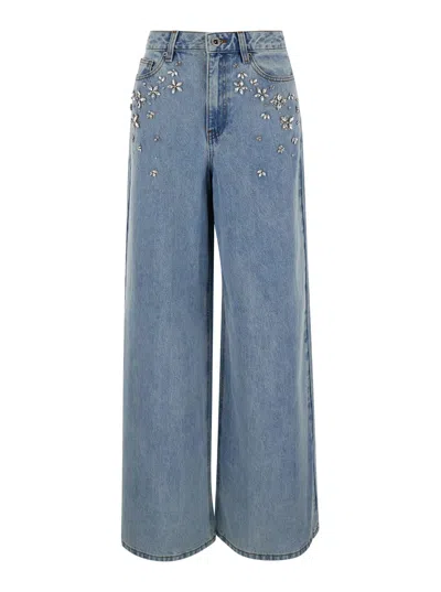 Shop Self-portrait Light Blue Five-pocket Wide Jeans With Rhinestones In Denim Woman
