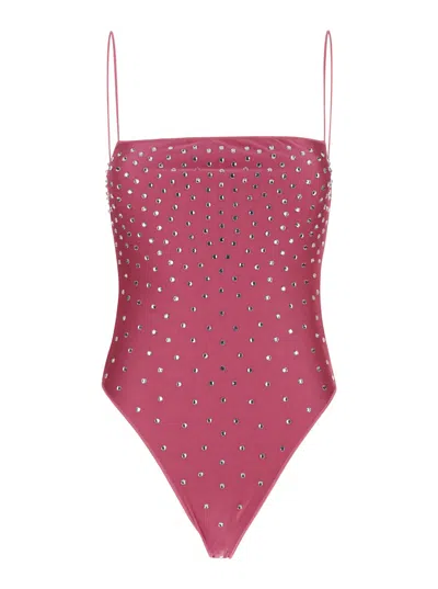 Shop Oseree Gem Maillot Pink One-piece Swimsuit With Rhinestone In Stretch Polyamide Woman