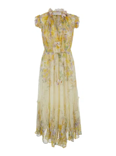 Shop Zimmermann Yellow Long Dress With Floral Print In Viscose Woman