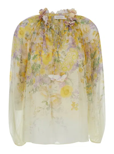 Shop Zimmermann Yellow Blouse With Floral Print In Viscose Woman