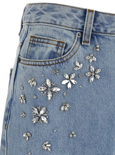 Shop Self-portrait Light Blue Five-pocket Wide Jeans With Rhinestones In Denim Woman