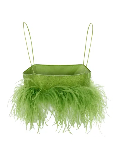 Shop Oseree Lumière Plumage Green Top With Feathers Trim In Lurex Woman