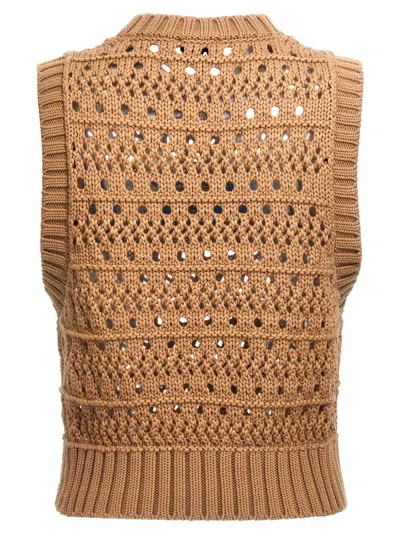 Shop Ganni Logo Embroidered Sleeveless Knit Top In Tigers Eye
