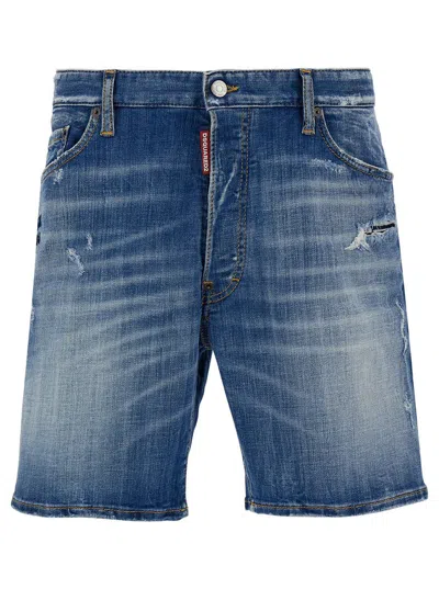 Shop Dsquared2 'marine' Blue Bermuda Shorts With Logo Patch In Stretch Cotton Denim Man