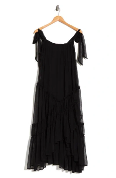 Shop Lovestitch Tie Shoulder Tiered Midi Dress In Black