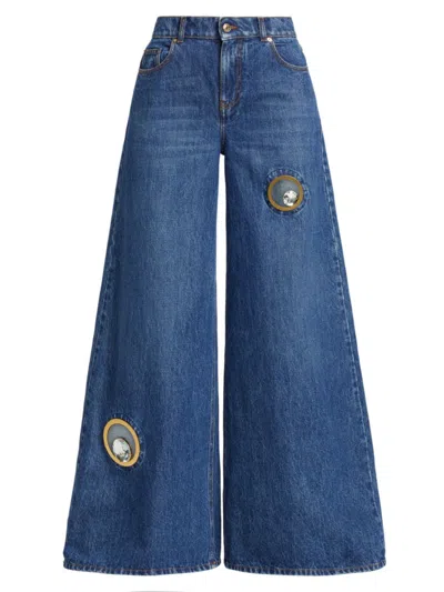 Shop Area Women's Crystal-embellished Wide-leg Jeans In Dark Medium Wash
