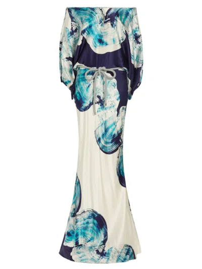 Shop Silvia Tcherassi Women's Rossi Silk Off-the-shoulder Gown In Navy Abstract Wave