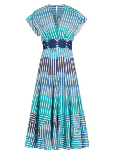 Shop Silvia Tcherassi Women's Adila Embroidered Cotton Midi-dress In Infinite Blue Stripes