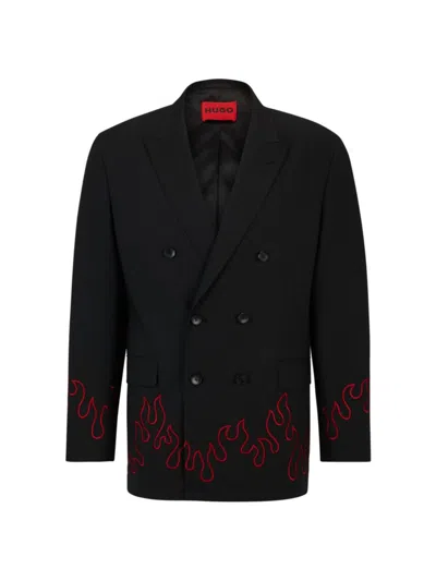 Shop Hugo Men's Modern Fit Double Breasted Jacket With Flame Embroidery In Black