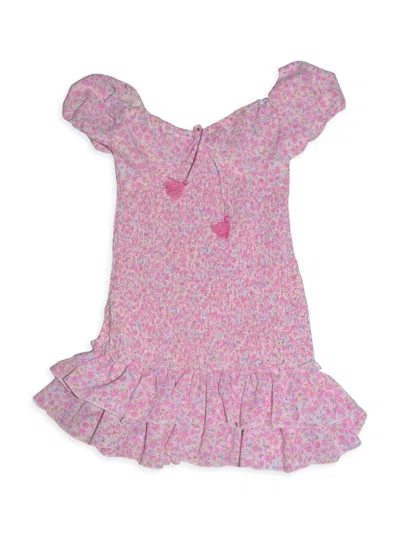 Shop Flowers By Zoe Girl's Floral Puff-sleeve Smocked Dress In Pink Liberty
