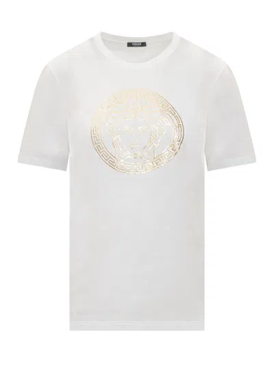 Shop Versace T-shirt With Logo In Bianco-oro