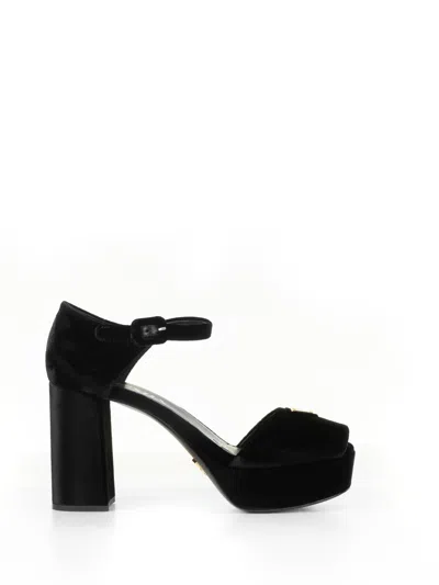 Shop Prada Velvet Platform Sandals In Nero