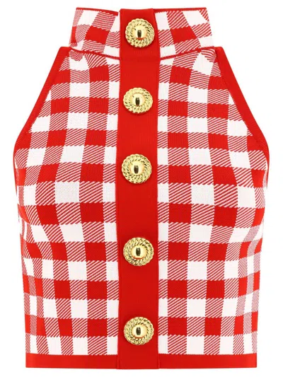 Shop Balmain Gingham Checked Sleeveless Top In Red/white