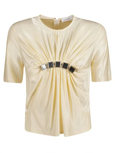 Shop Rabanne Paco  Embellished Draped Mock Neck Top In White