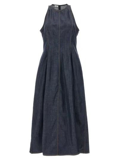 Shop Brunello Cucinelli Sleeveless Denim Long Dress In Blue