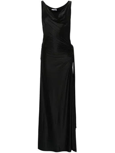 Shop Rabanne Long Stretch Viscose Dress With Ruching In Black