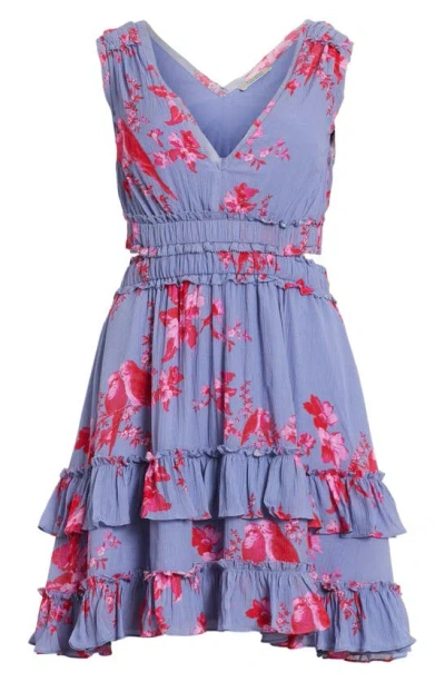 Shop Allsaints Mikayla Iona Floral Print Minidress In Blue/ Neon Pink