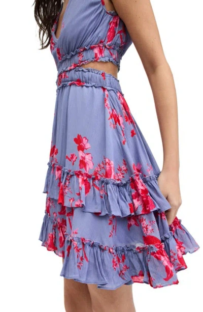 Shop Allsaints Mikayla Iona Floral Print Minidress In Blue/ Neon Pink