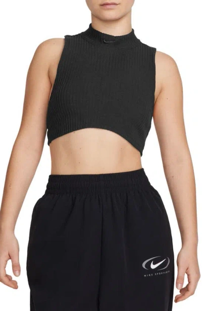 Shop Nike Sportswear Chill Knit Mock Neck Crop Rib Tank In Black/ Black