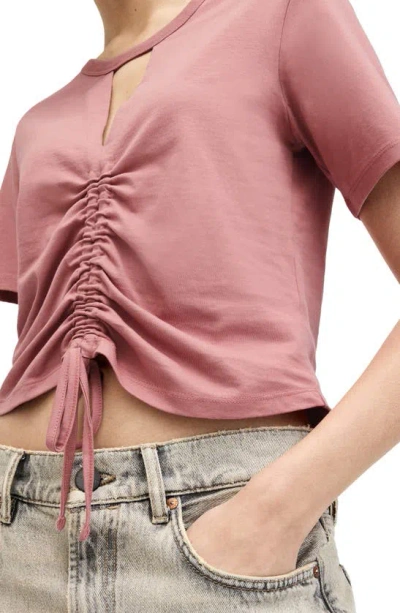 Shop Allsaints Gigi Cutout Ruched Front Cotton T-shirt In Ash Rose Pink